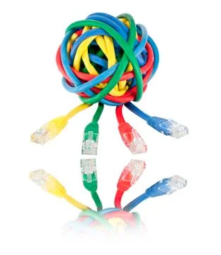 Ball of Colored Network Cables and Plugs with Reflection Isolated Stock Photos