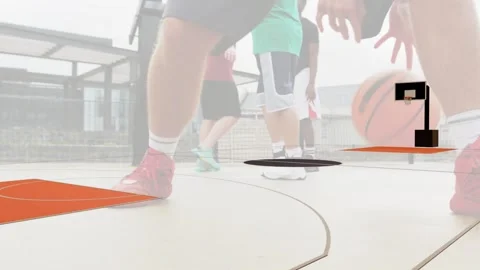 Ball coming left, low-angle feet dribbling, shifting laterally, advancing court, Stock Footage 340654680