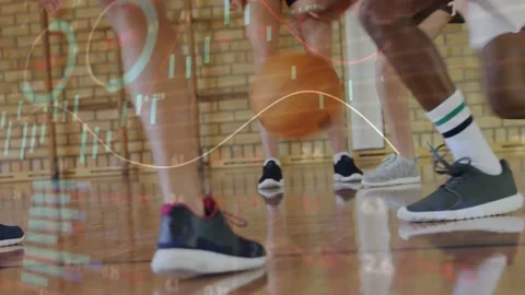 Ball entering frame, player dribbling and probing space on court while data Stock Footage 333648251