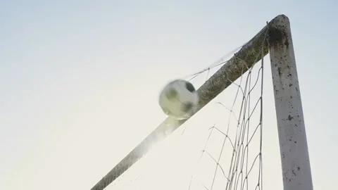 The ball flies into the upper right corner of the goal. Footballer scores a goal Stock Footage 147074381