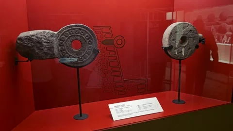 Ball Game Ring Markers In Red Display Case, Templo Mayor, Mexico City, Mexico 8K Stock-Footage 340373137