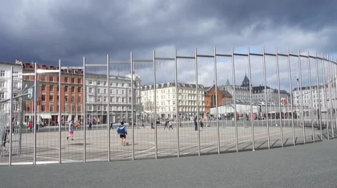 Ball games on the Flying Carpet, a playing field in central Copenhagen Video stock 62052973