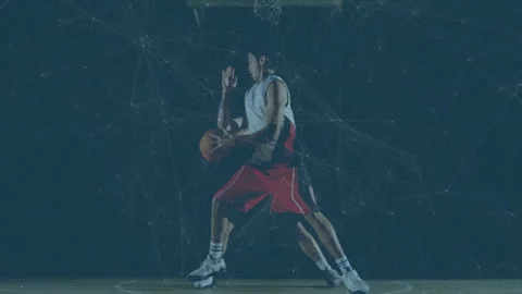 Ball handler dribbling ball on court, featuring sports tech network lines and Stock Footage 309370669