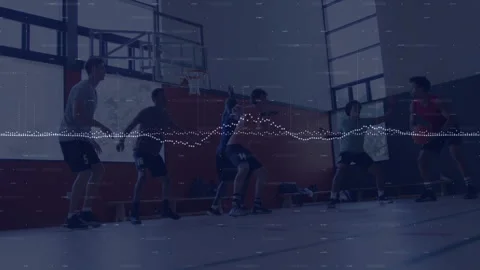 Ball handler dribbling to score, shooting over hoop, defender rebounding and Video stock 312694769