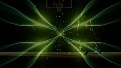 Ball-handler starting dribble, duo moving under sports hoop seeking shot with Stock Footage 323432006