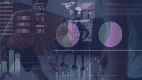 Ball handler starting drill on court as animated sports data charts and gauges Stock Footage 310318971