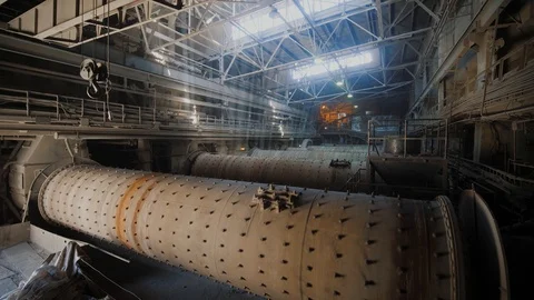 Ball mill grinds ore on the ore-dressing factory. Ore-dressing treatment. Video stock 121756450