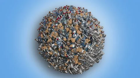 A ball with plastic trash over blue isolated background. World earth day. Stock Footage 236038919