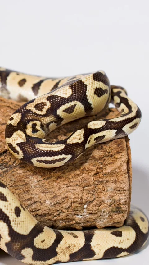 Ball Python Slowly Coiling on Wooden Log in Studio Video stock 324348879
