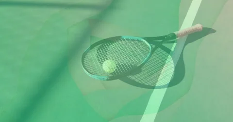 Ball resting on tennis racket strings on green court with white line in 3D, Video stock 307457372