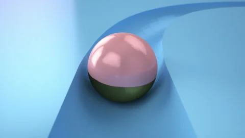 Ball rolling along a sky blue minimal path or game board seen from behind. Video stock 250051926