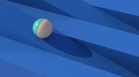 Ball rolling on blue block. Abstract illustration, 3d render. Illustrazione stock