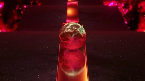 Ball rolls down. Planet Mars. Metal trampoline. Red neon color. Dark curved path 動画素材 230079679