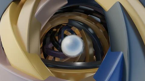 Ball in rotating 3d spiral. Motion. 3D with shiny metallic ball in center of Stock Illustration