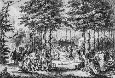 Ball in Saint Cloud park in 1760, the picturesque magazin, editor Edouard Cha Ilustração Stock