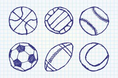 Ball sketch set simple outlined isolated on paper notebook Stock Illustration
