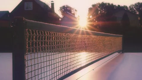 The ball of table tennis flies through the net several times, in the rays of Stock Footage 81179915
