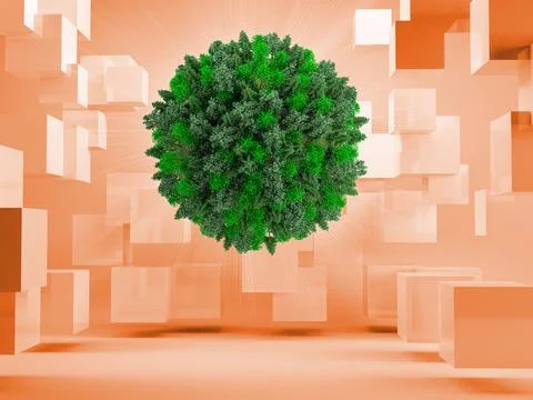 Ball with trees on orange background with cubes Stock Illustration