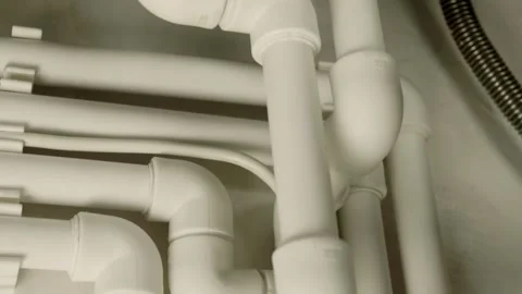 Ball valves, many white plastic pipes in the heating (plumbing) system of house Stock Footage 297790649