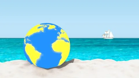 Ball with a world map pattern on a sandy beach with a blurred background. Illustrazione stock