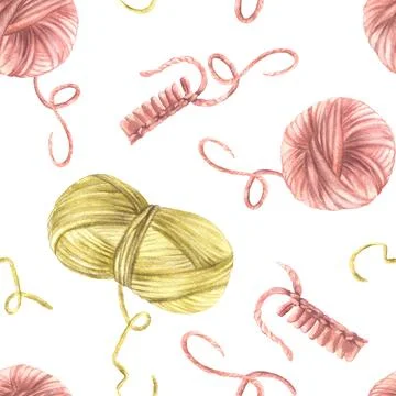 Ball of yarn, skein of knitting thread with knitted objects Watercolor seamless Stock Illustration
