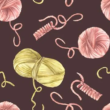 Ball of yarn, skein of knitting thread and knitted elements Watercolor seamless Stock Illustration