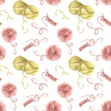 Ball of yarn, skein of knitting thread with knitted objects Watercolor seamless Stock Illustration