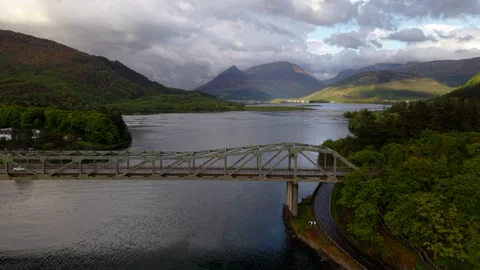Ballachulish Bridge, showcasing its steel truss structure Stock Footage 335680836