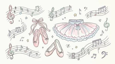Ballerina ballet set featuring pink tutu shoes and musical score notes back.. Illustrazione stock