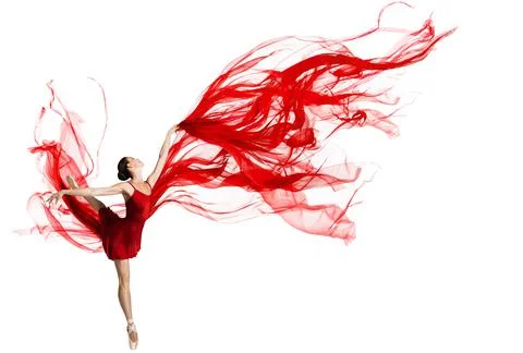 Ballerina Dance. Woman dancing Red Fabric. Graceful Ballet Dancer jump in Air Stock Photos