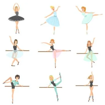 Ballerinas Training In Dance Class Set Stock Illustration
