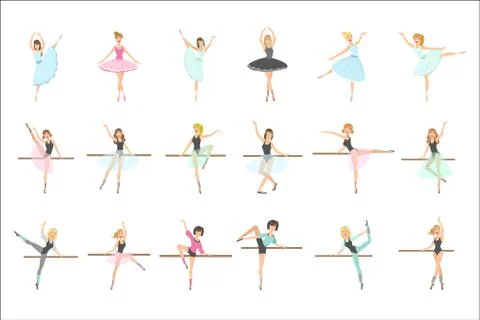 Ballerinas Training In Dance Class Set Of Flat Simplified Childish Style Cute Stock Illustration