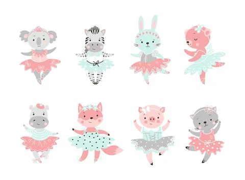 Ballet animal. Bear in tutu, baby rabbit ballerina. Cute fairy dance animals Stock Illustration