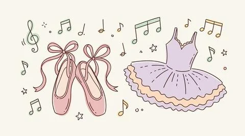 Ballet dance set including pink slippers tutu and musical notes for studio .. Illustrazione stock
