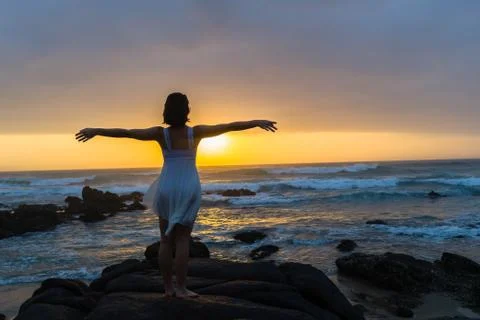 Ballet Dancer Arms Open Pose Ocean Sunrise Silhouetted Stock Photos