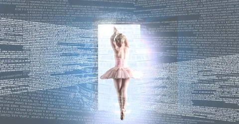 Ballet dancer dancing with digital technology interface and open door light 写真素材