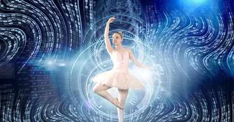 Ballet dancer dancing with digital technology interface Stockfoto's