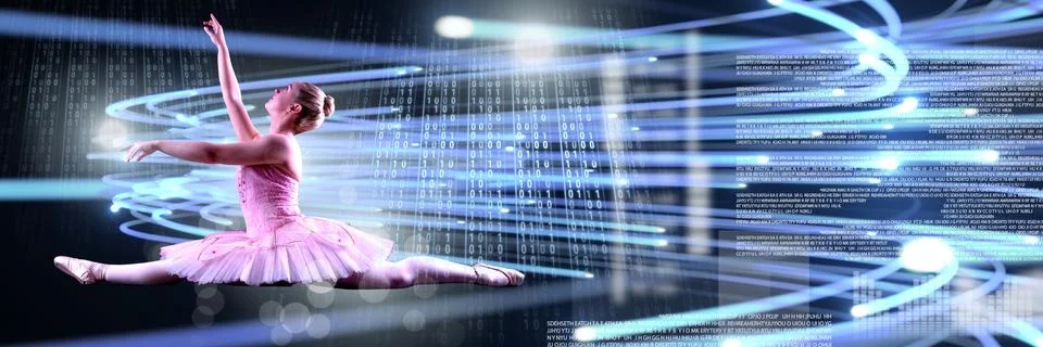 Ballet dancer dancing with digital technology interface and light glowing 스톡 사진