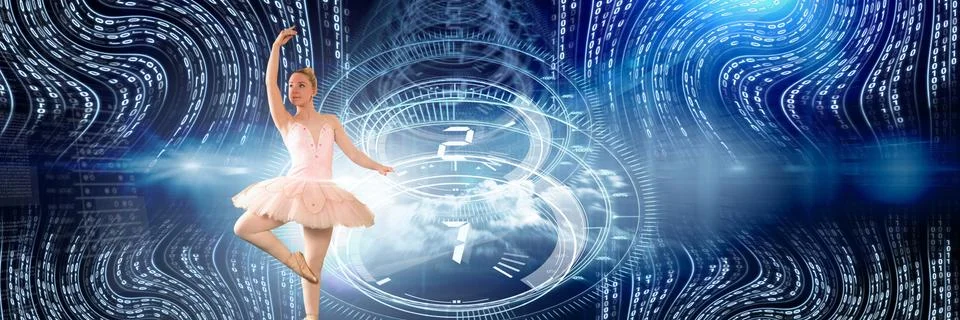 Ballet dancer dancing with digital technology interface 库存照片