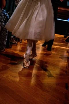 Ballet dancer performing en pointe on wooden stage floor in Vienna, Austria.. Stock Photos