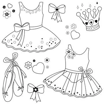 Ballet dresses set. Vector black and white coloring page Stock Illustration