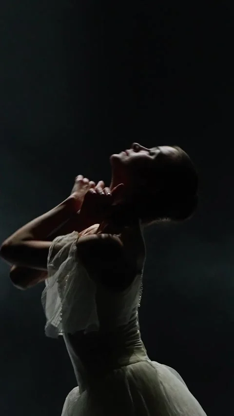 Ballet performance, dramatic dance, graceful ballerina in a white tutu, perform Stock Footage 266993724