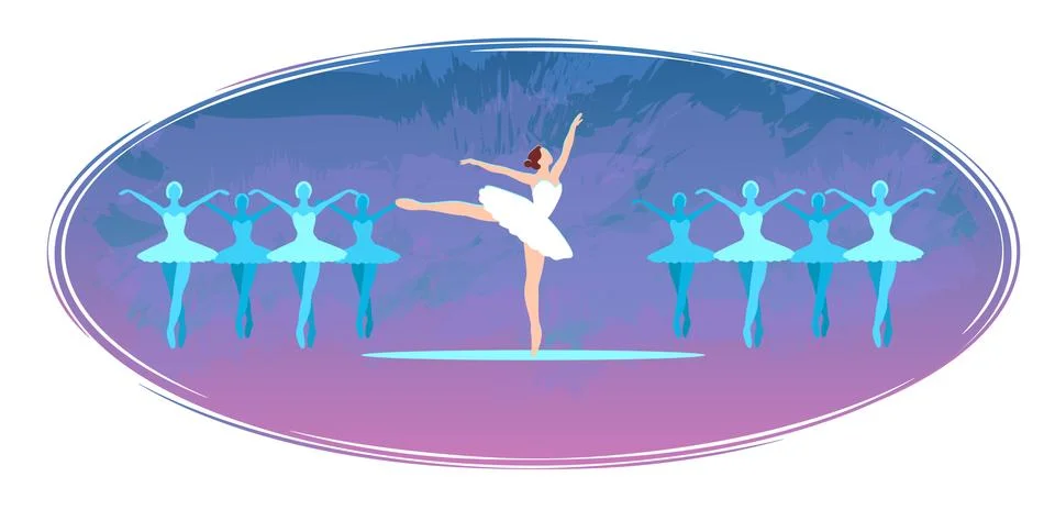 Ballet postcard, Flat cartoon vector illustration. Ballerinas in dance on stage Stock Illustration