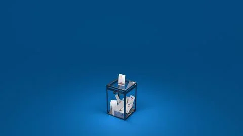 Balllot box with vote envelope on blue background. Ample negative space. Di.. Stock Illustration
