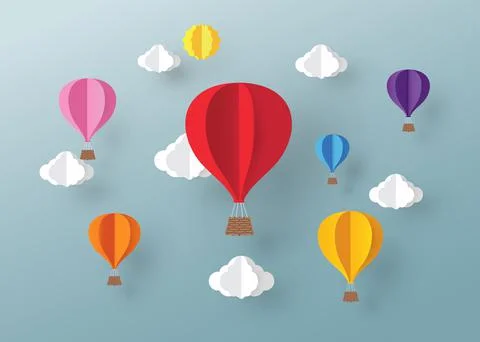 Ballon and Cloud in the  blue sky with paper art design , vector design eleme Stock Illustration