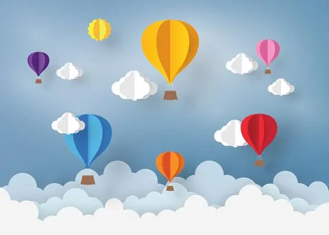 Ballon and Cloud in the  blue sky with paper art design , vector design eleme Stock Illustration