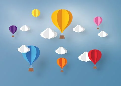 Ballon and Cloud in the  blue sky with paper art design , vector design eleme Stock Illustration