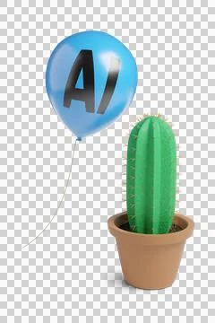 Balloon with AI text dangerously close to the thorns of a cactus. Artificia.. 스톡 일러스트