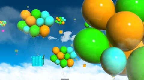 Balloon and Gift Flying in The Blue Sky With Clouds Around  Stock Footage 1034668