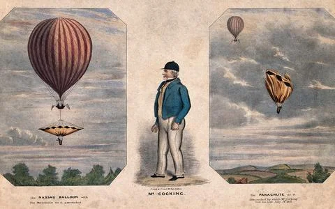 A balloon ascending carrying Robert Cocking with his parachute; Robert Cock.. Stock Illustration